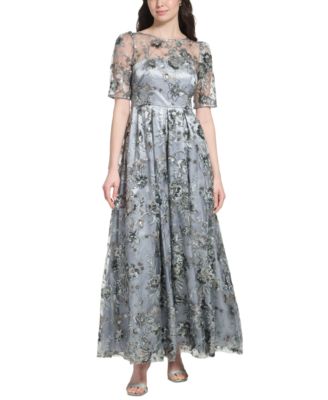 Eliza J - Women's Boat-Neck Elbow-Length-Sleeve Floral-Embroidery Gown
