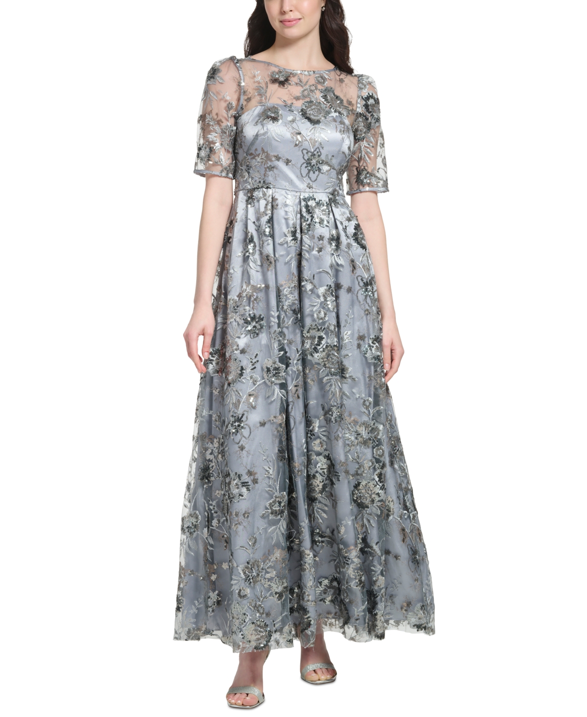 Eliza J Women's Boatneck Elbowlengthsleeve Floralembroidery Gown In Gunmetal ModeSens