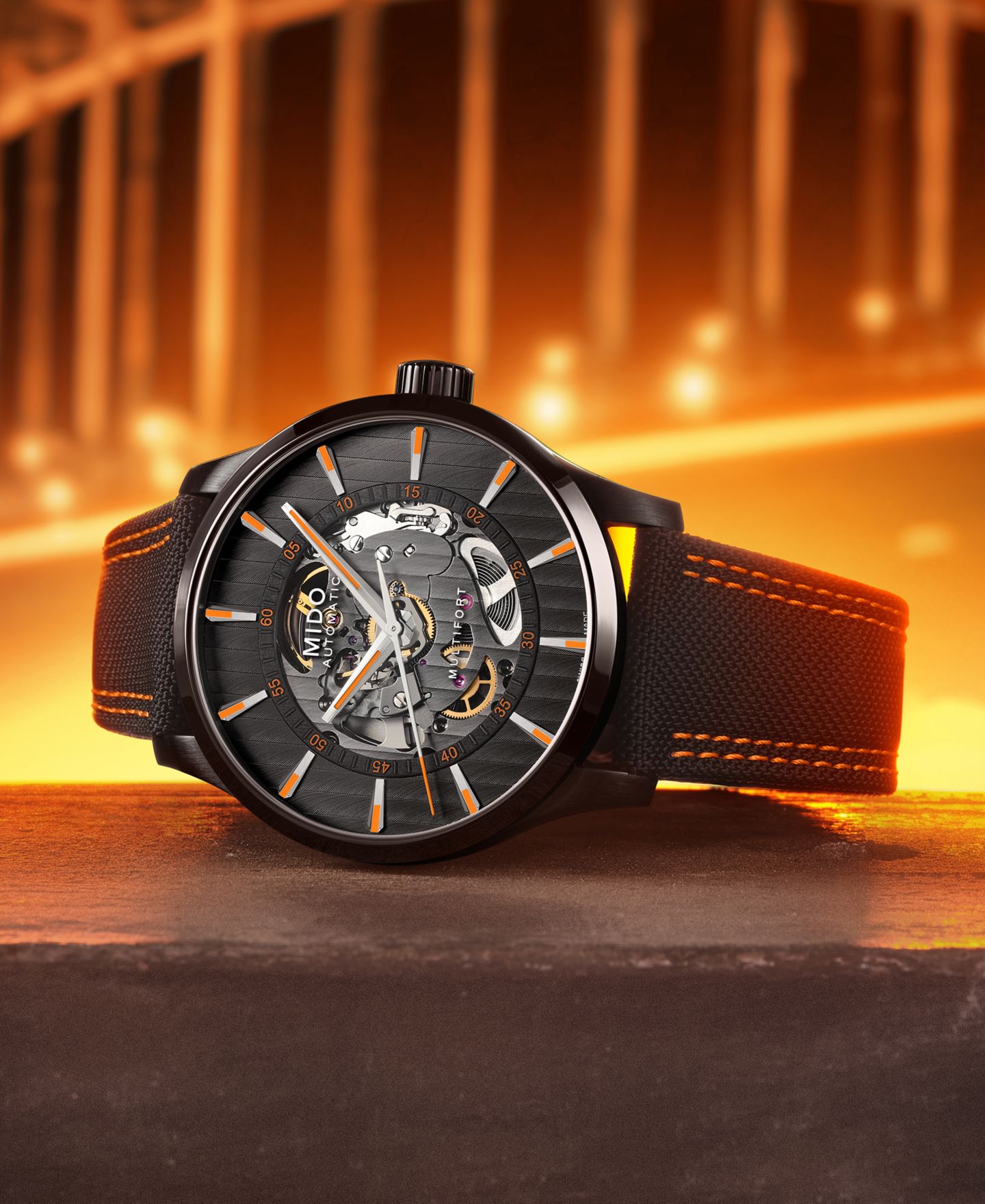 Мужские часы Mido Swiss Automatic Multifort Skeleton Vertigo Black and Orange Fabric Strap Watch 42mm — фото 4