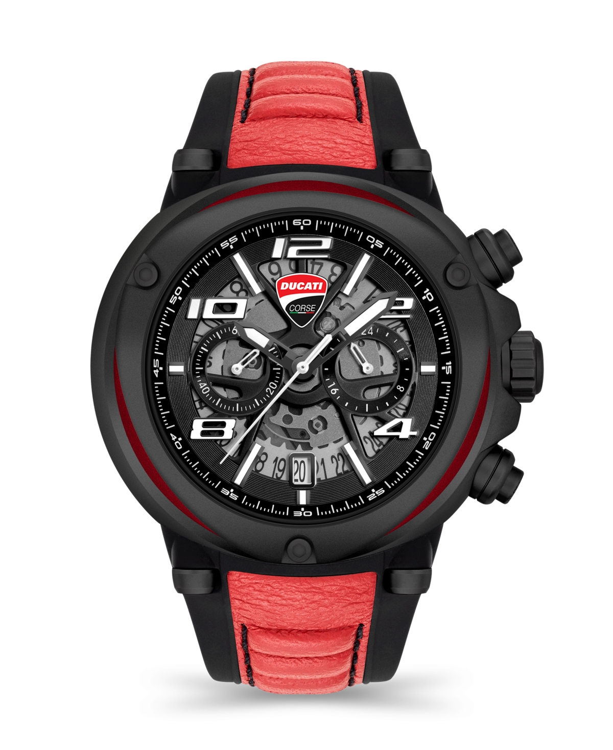 Ducati Corse Men's Partenza Collection Chronograph Timepiece Black Silicon with Red Leather Strap Watch, 49mm