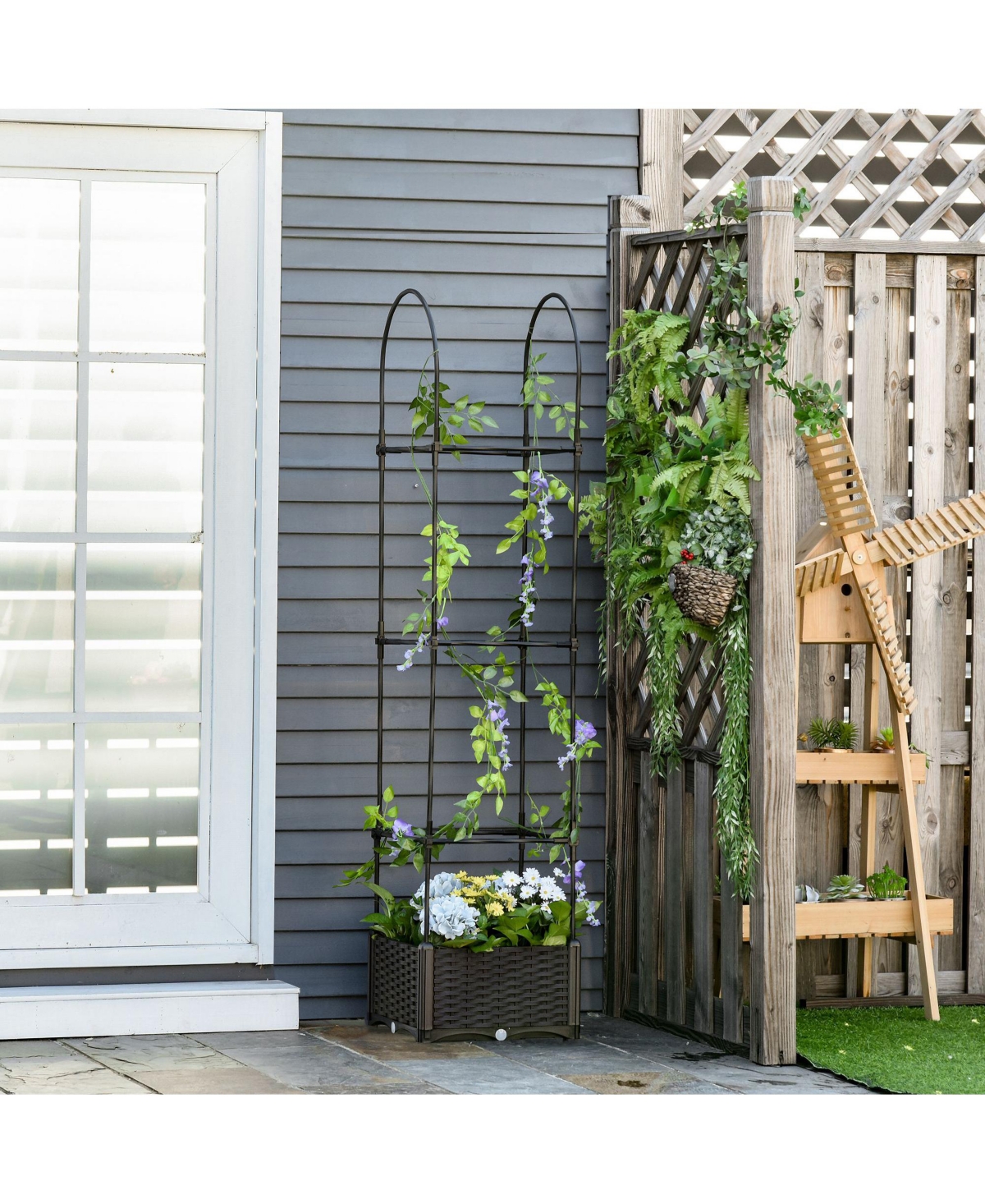 Flower Vine Plant Box Climbing Vine Bars w/ Drainage, Steel Frame - Brown