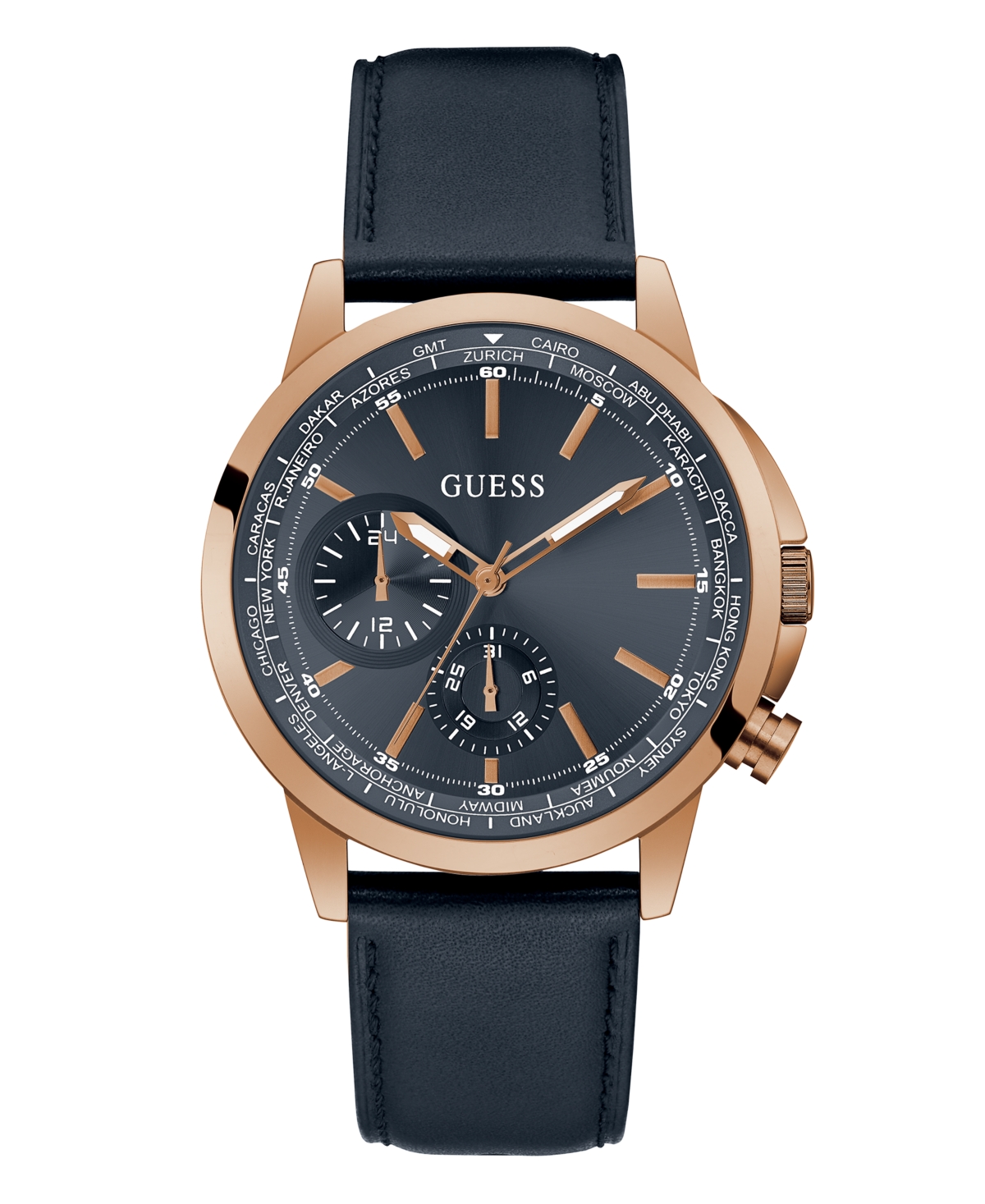 Guess Men's Rose Gold-tone Navy Genuine Leather Multi-function Strap Watch, 44mm