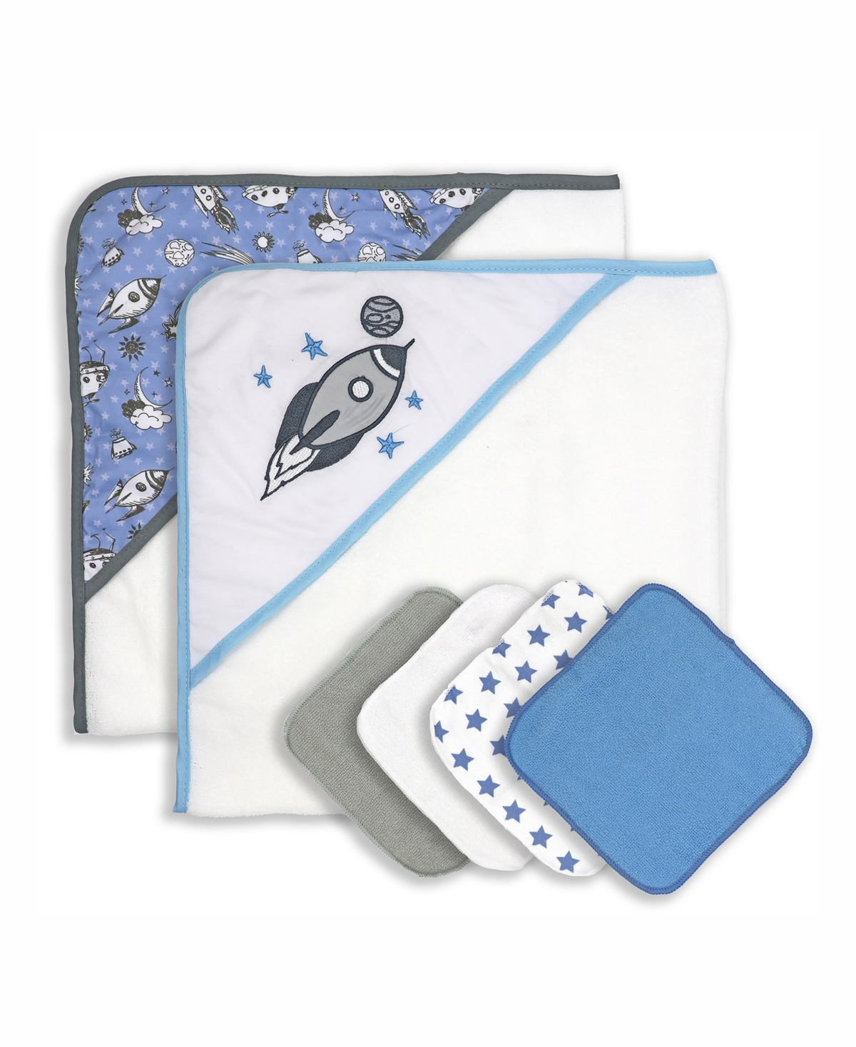 3 Stories Trading Baby Boys Hooded Towels With Washcloths, 6 Piece Set In Blue And White