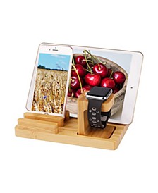 Bamboo 4-Port Apple Watch and Iphone Charging Stand with 3 Device Slots and Pen Holder
