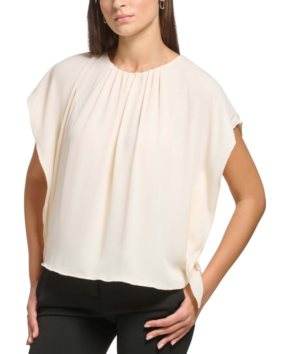 Dkny Petite Shirred Cape-sleeve Blouse In Buttercream