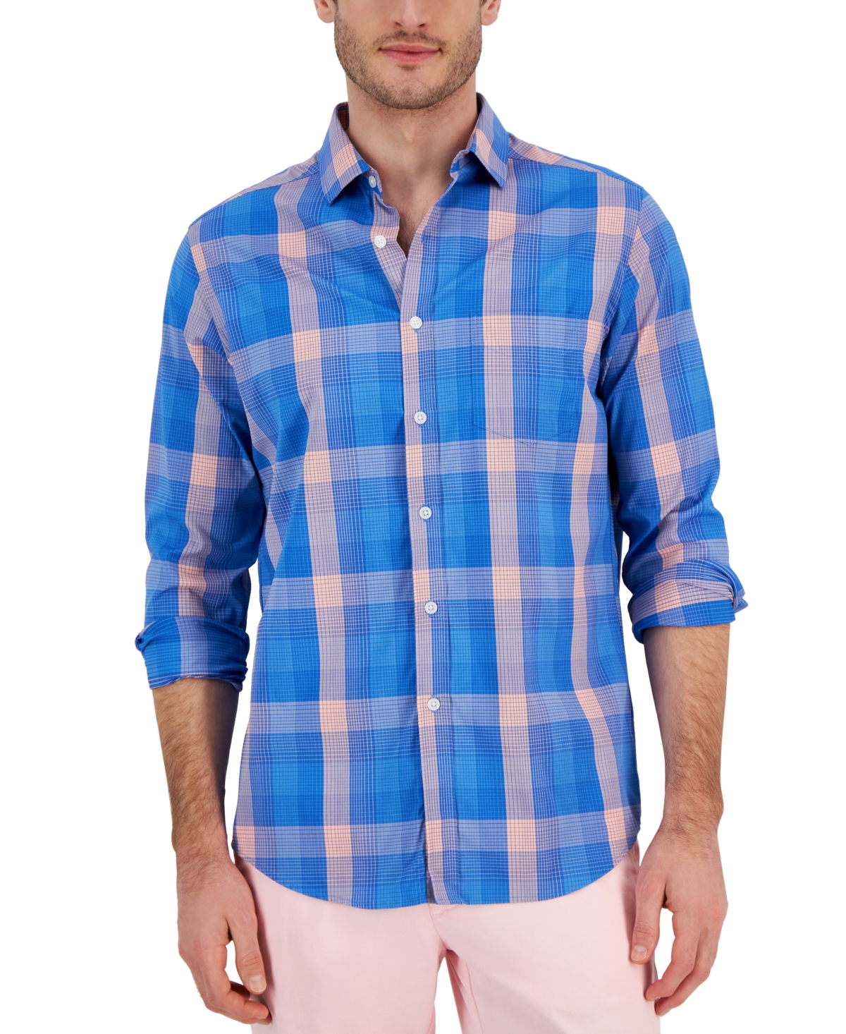 Club Room Men's Kevin Classic-fit Plaid Button-down Tech Shirt, Created For Macy's In Hyper Blue