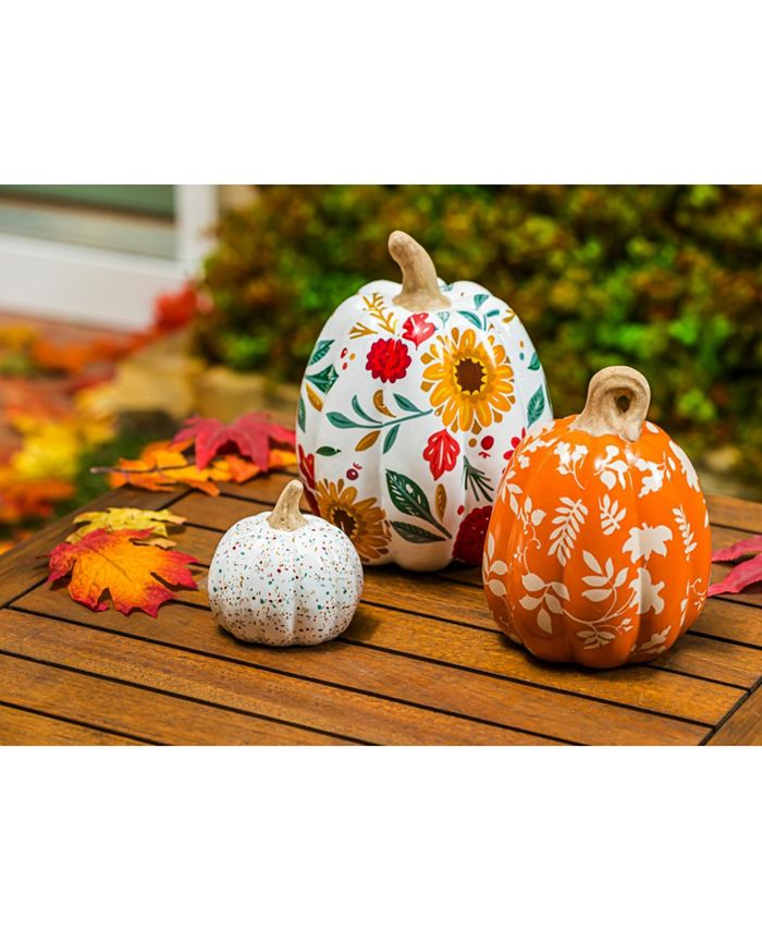 Evergreen Set of 3 Printed Ceramic Pumpkins, Autumn Blooms - Macy's