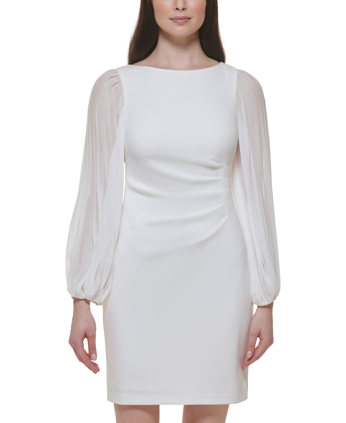 Women's Side-Pleat Sheer-Sleeve Sheath Dress - Ivory