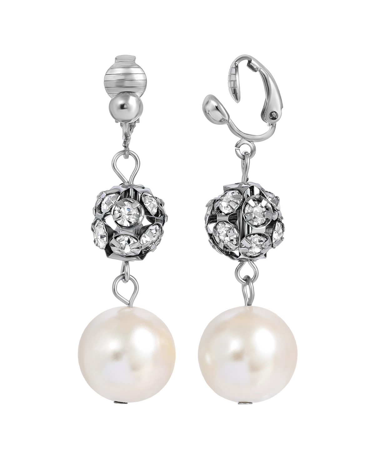 2028 Faux Imitation Pearl And Crystal Fireball Clip Earrings In White