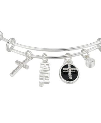 Silver-Plated Cross "Faith" Multi Charm Twist Design Bangle Bracelet