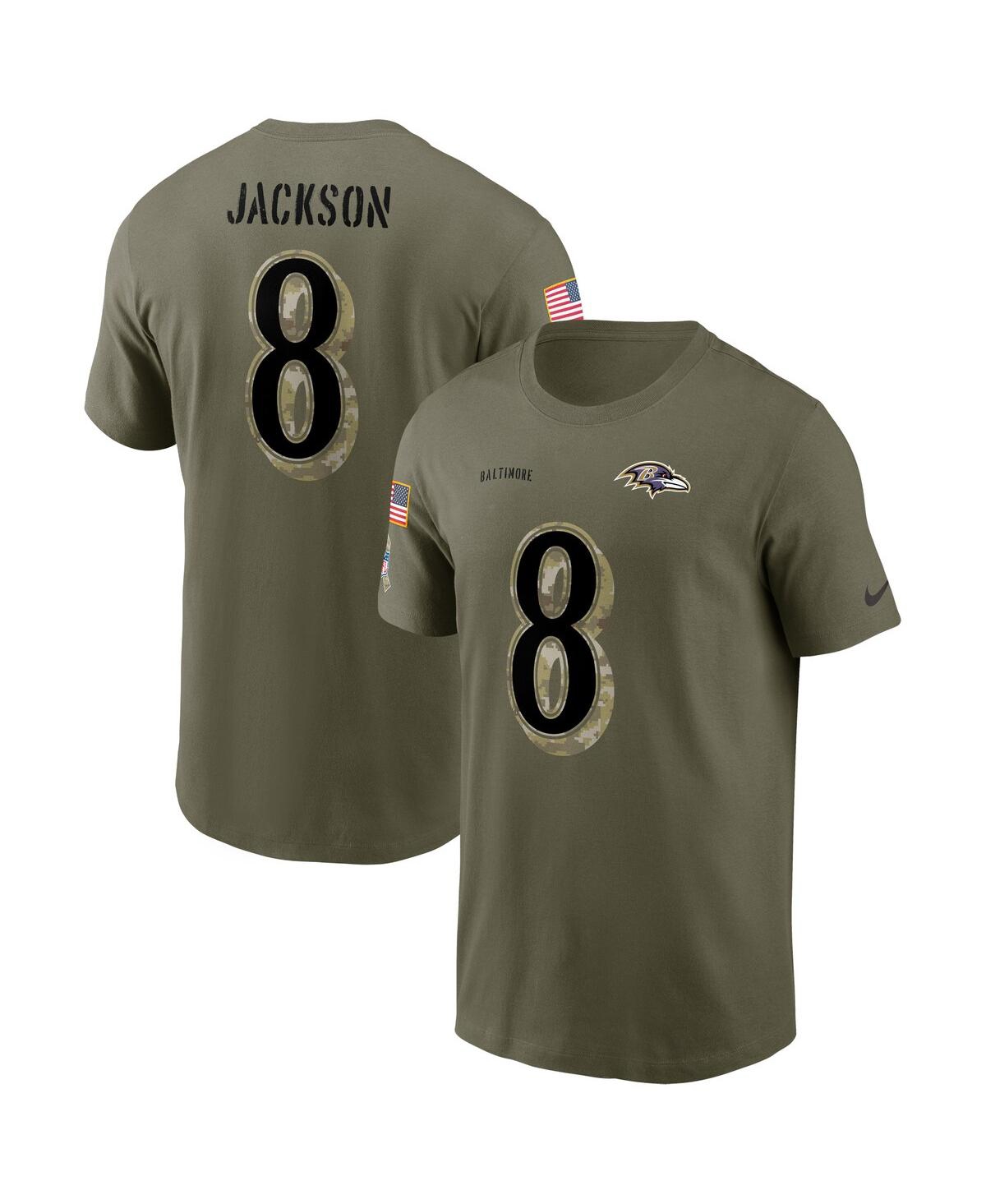 Men's Nike Lamar Jackson Olive Baltimore Ravens 2022 Salute To Service Name and Number T-shirt