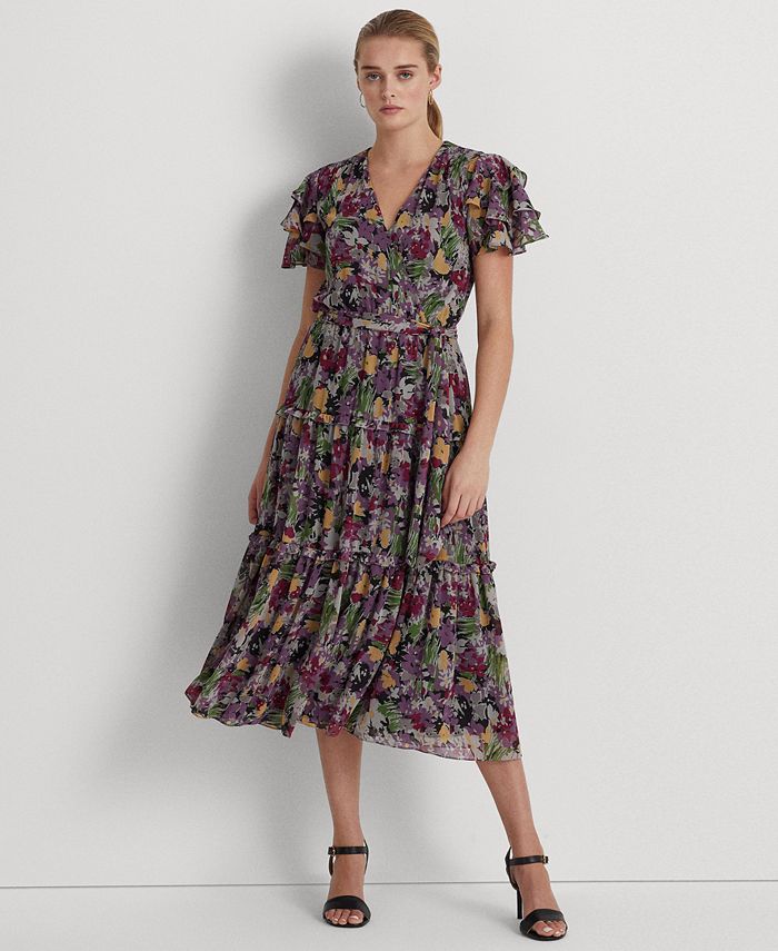 Lauren Ralph Lauren Women's Belted Floral Crinkle Georgette Dress - Macy's