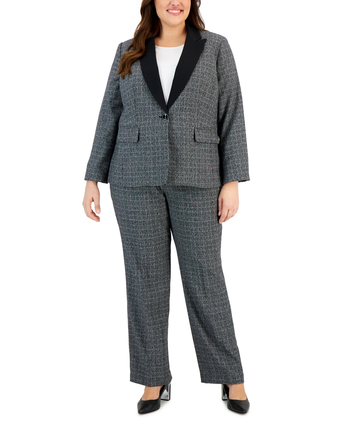 Le Suit Plus Size Contrast-collar Windowpane Check Pantsuit In Black Multi