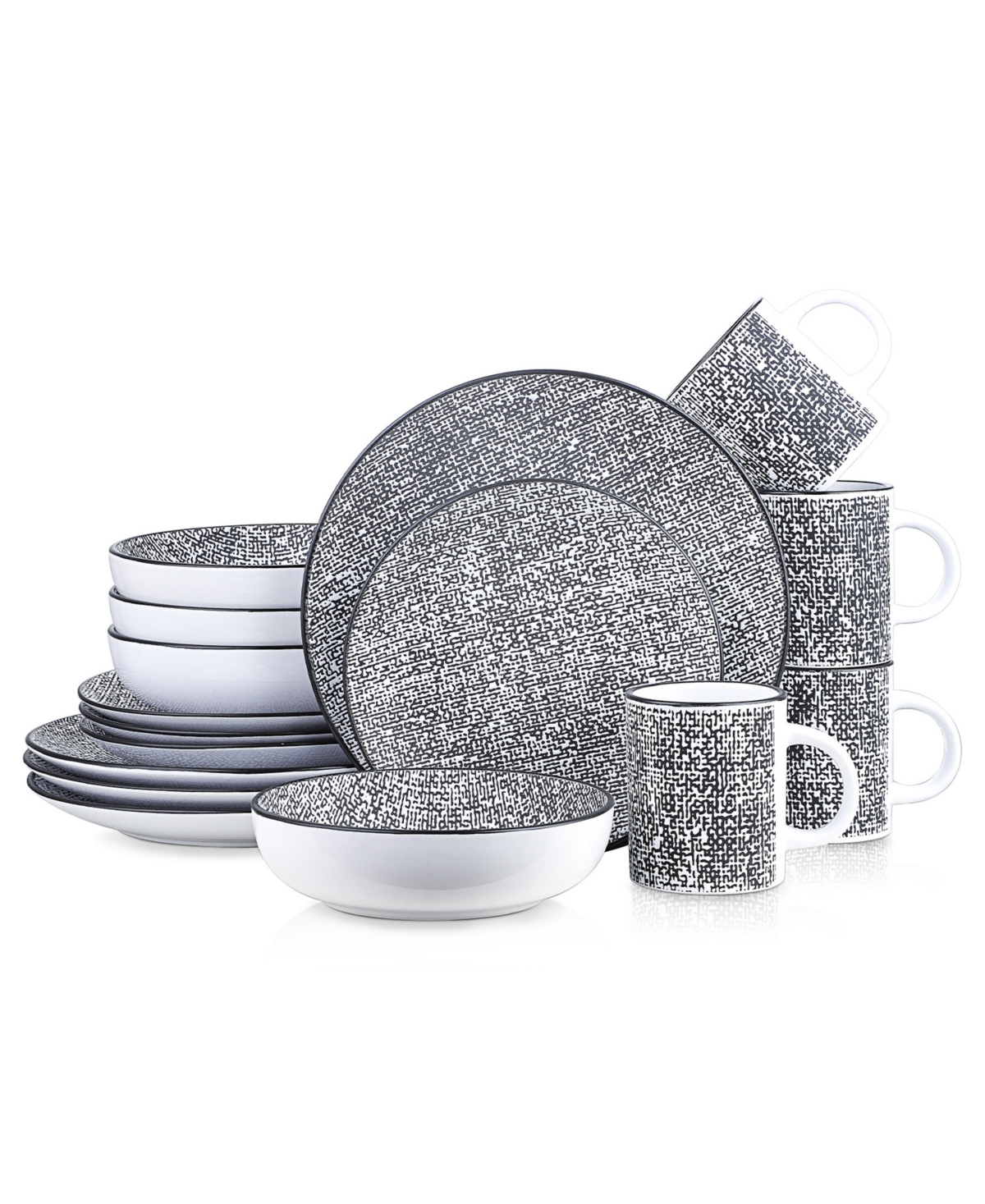Sophie Stoneware 16 Pieces Dinnerware Set, Service For 4 - White and Black