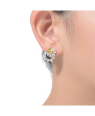 Sterling Silver Rhodium Plated Yellow Cubic Zirconia Floral Stud Butterfly Earrings