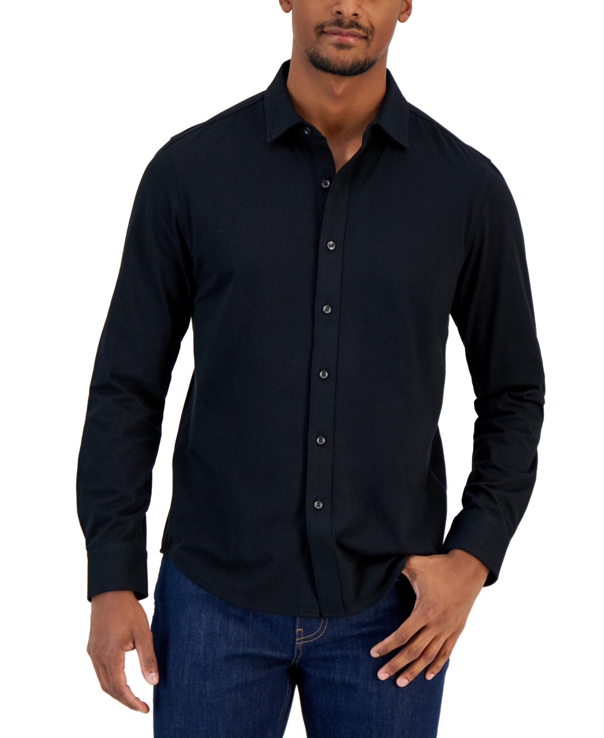 Shop Alfani Men's Classic-fit Heathered Jersey-knit Button-down Shirt, Created For Macy's In Deep Black