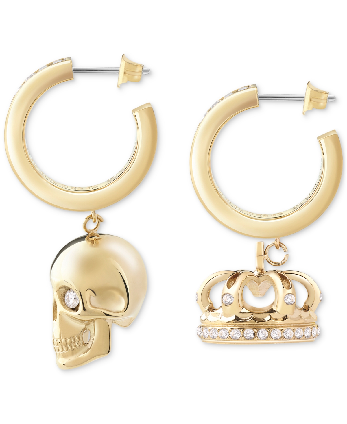 Shop Philipp Plein Gold-tone Ip Stainless Steel Pave 3d $kull & Crown Mismatch Charm Baguette Crystal Hoop Earrings In Ip Yellow Gold