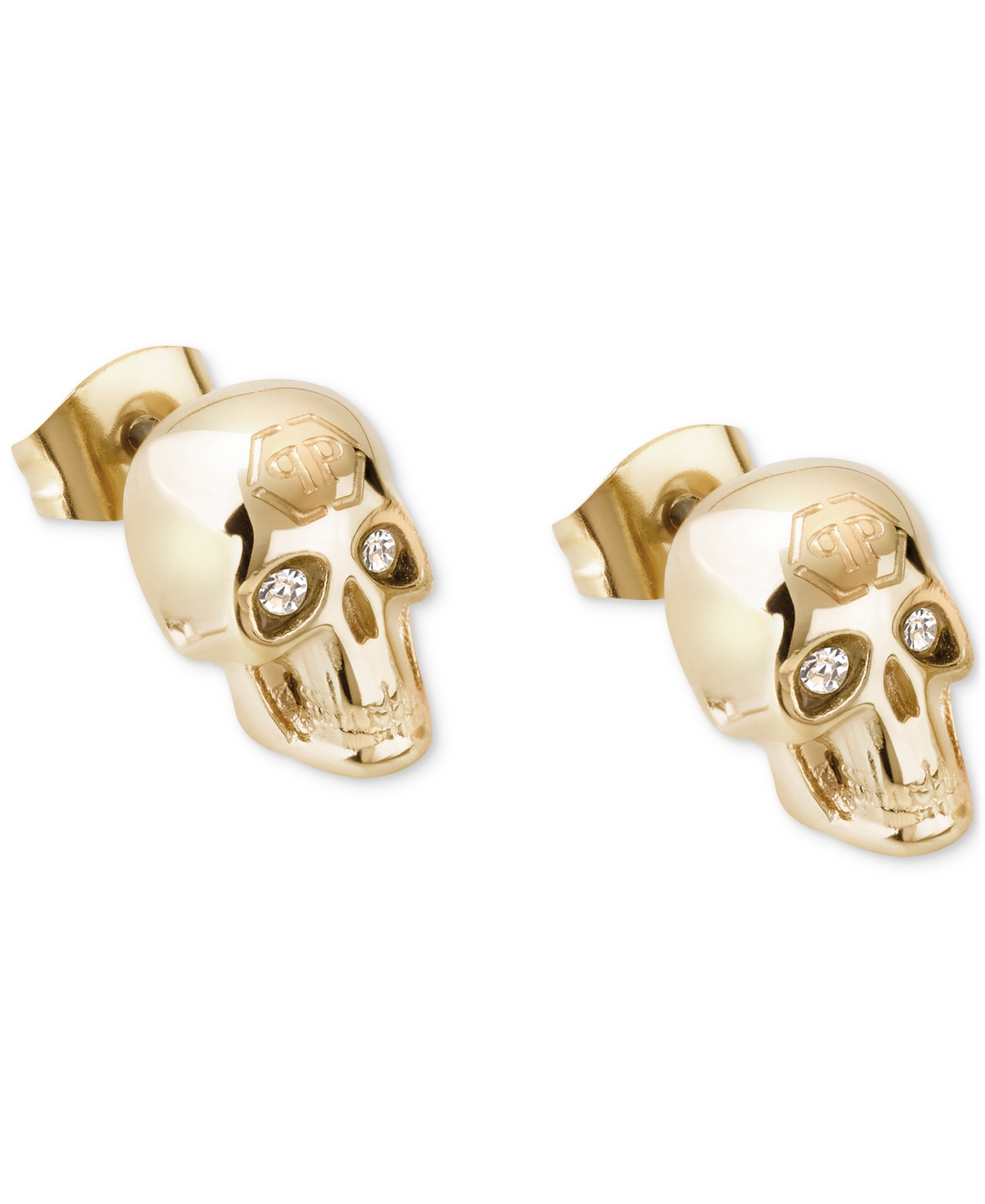 Shop Philipp Plein Gold-tone Ip Stainless Steel Pave 3d $kull Stud Earrings In Ip Yellow Gold