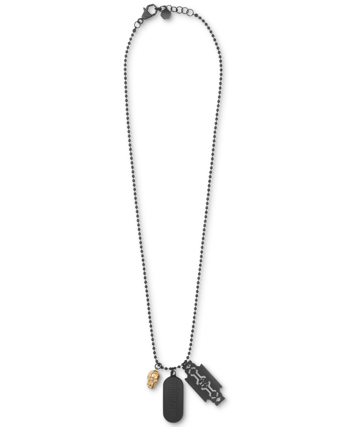 Two-Tone Ip Stainless Steel Logo Tag Multi-Charm Pendant Necklace, 29-1/3" + 2-3/4" extender - Ip Black