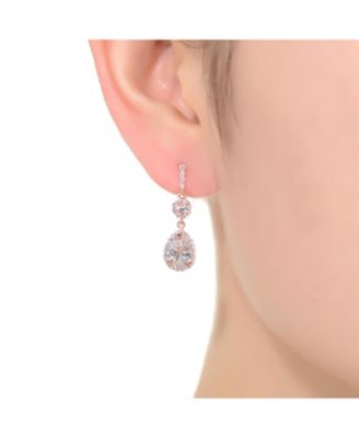 Sterling Silver with Rose Gold Plated Clear Pear with Round Cubic Zirconia Halo and Cluster Accent Drop Earrings