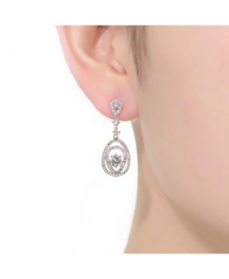 Sterling Silver with Rhodium Plated Clear Round Cubic Zirconia Double Pear Drop Earrings