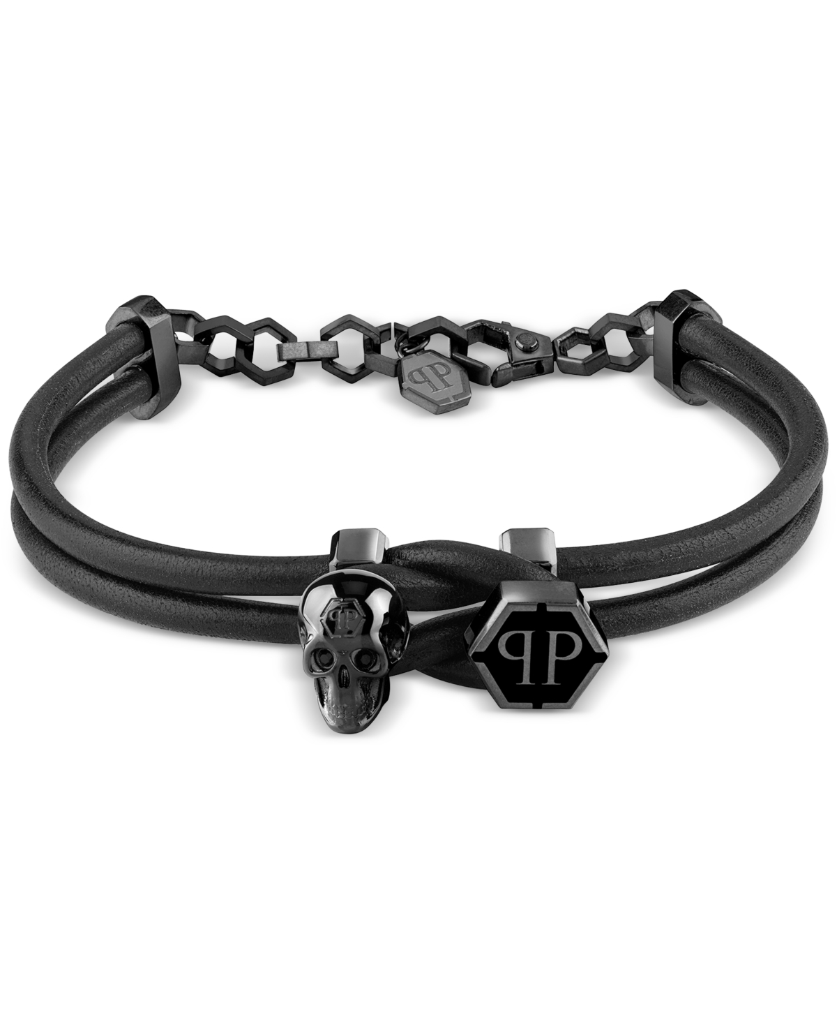 Shop Philipp Plein Black-tone Stainless Steel 3d $kull & Logo Leather Flex Bracelet