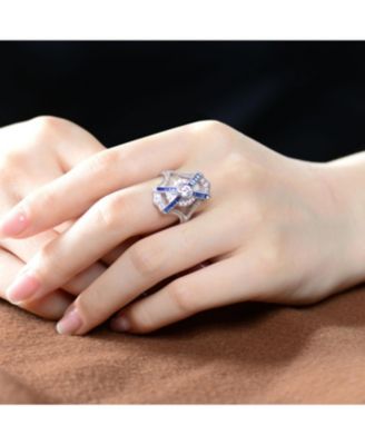 Sterling Silver Baguette and Round Cubic Zirconia Coctail Ring