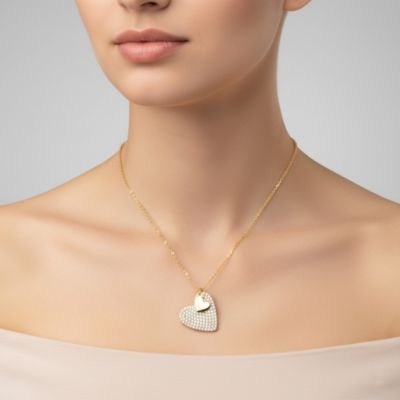 Sterling Silver 14k Yellow Gold Plated with  Cubic Zirconia Pave Double Dangle Heart Charm Pendant Layering Necklace