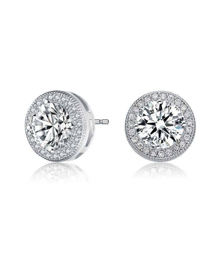 Genevive Dainty Sterling Silver White Gold Plated CZ Halo Stud Earrings