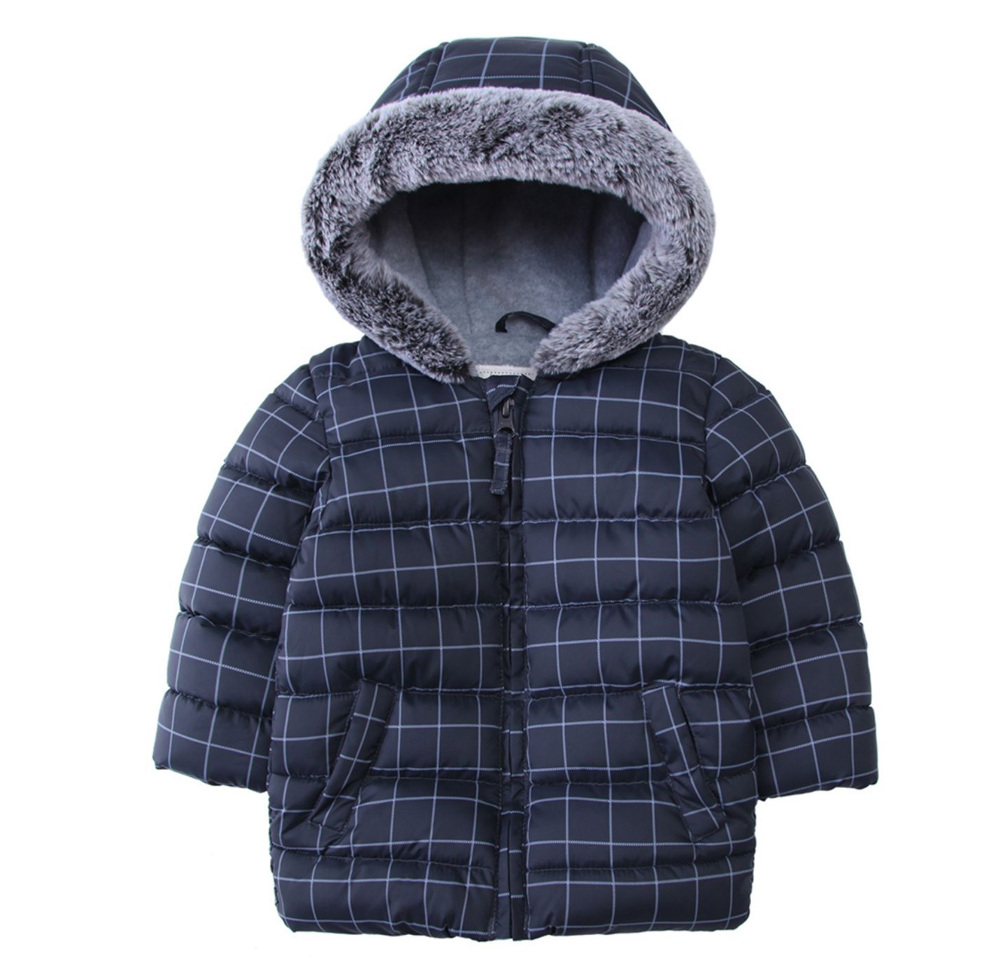 Куртка Rokka&Rolla Fleece Hooded Puffer Jacket для мальчиков-малышей, цвет: Серый / Белый клетчатый — фото 1