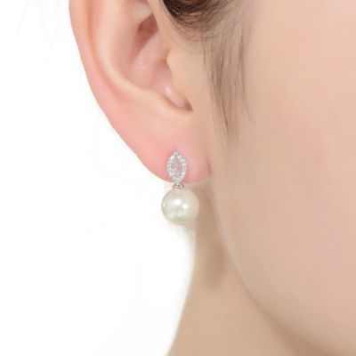 Elegant Sterling Silver & Rhodium-Plated Freshwater Pearl Earrings with Marquise Cubic Zirconia
