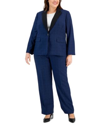 Le Suit - Plus Size Contrast-Collar Windowpane Check Pantsuit