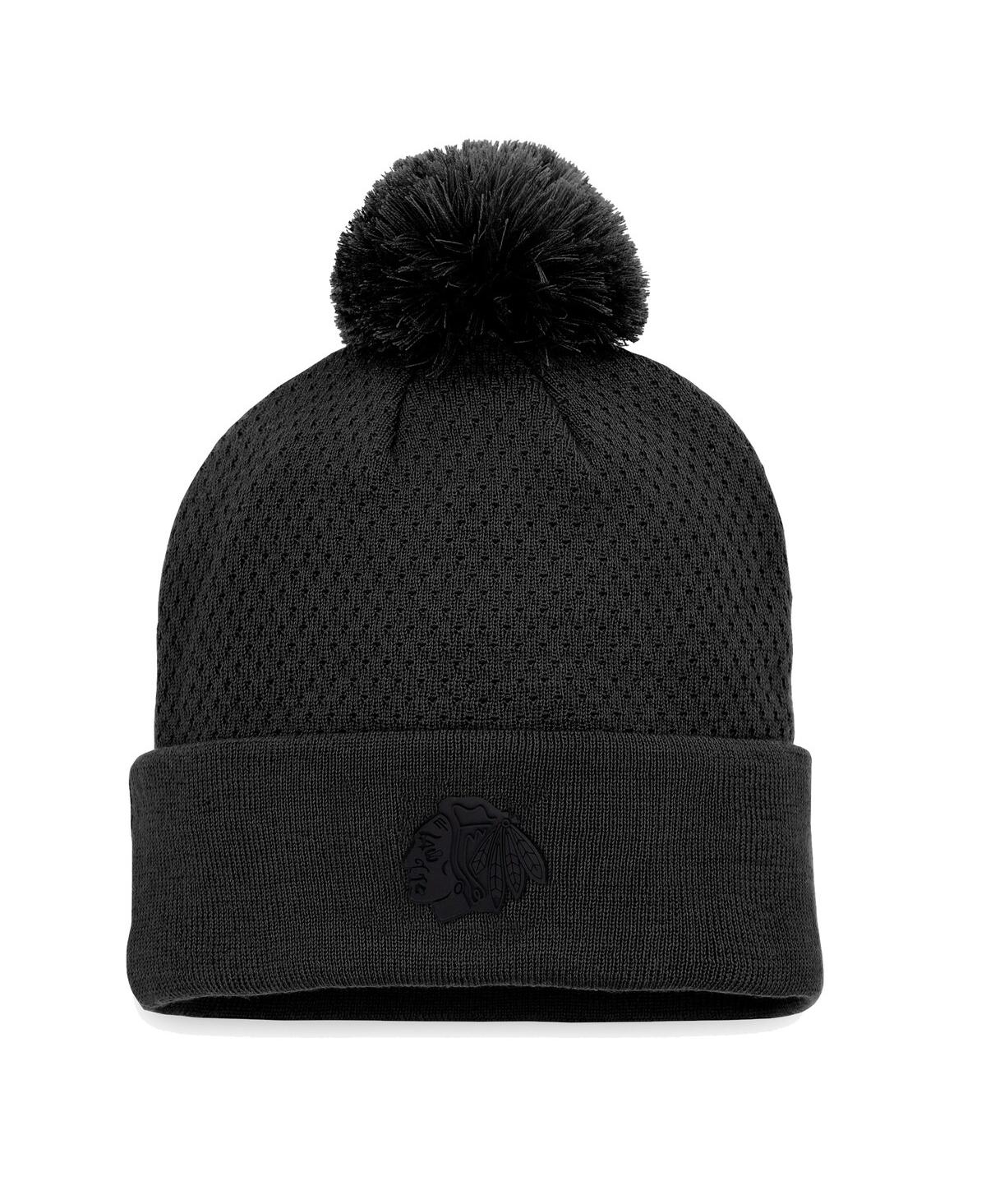 Women's Fanatics Black Chicago Blackhawks Authentic Pro Road Cuffed Knit Hat with Pom - Black