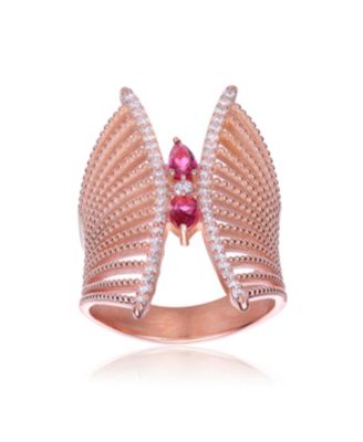 Sterling Silver Rose Gold Plated Red Cubic Zirconia Accent Butterfly Design Setting Ring