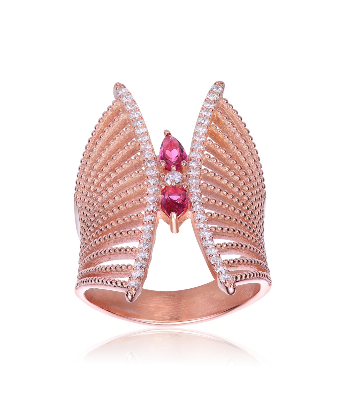 Genevive Sterling Silver Rose Gold PlatedCubic Zirconia Accent Butterfly Design Setting Ring - Red