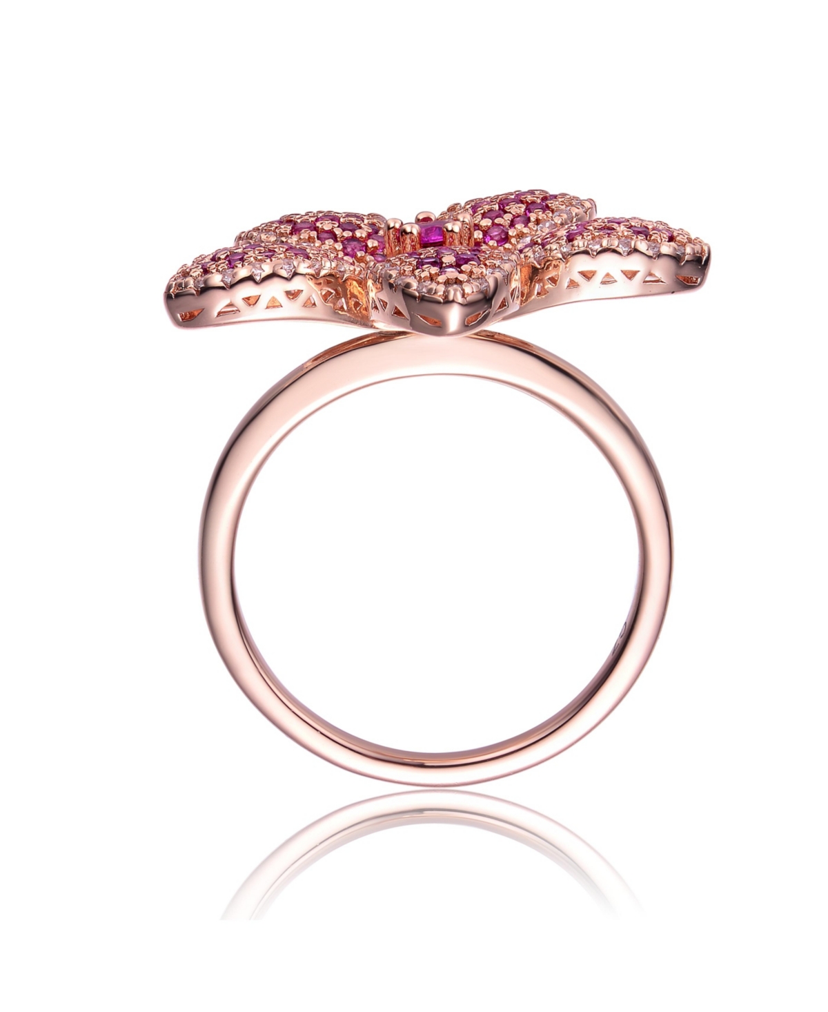 Genevive Sterling Silver 18K Rose Plated Clear andCubic Zirconia Flower Coctail Ring - Red
