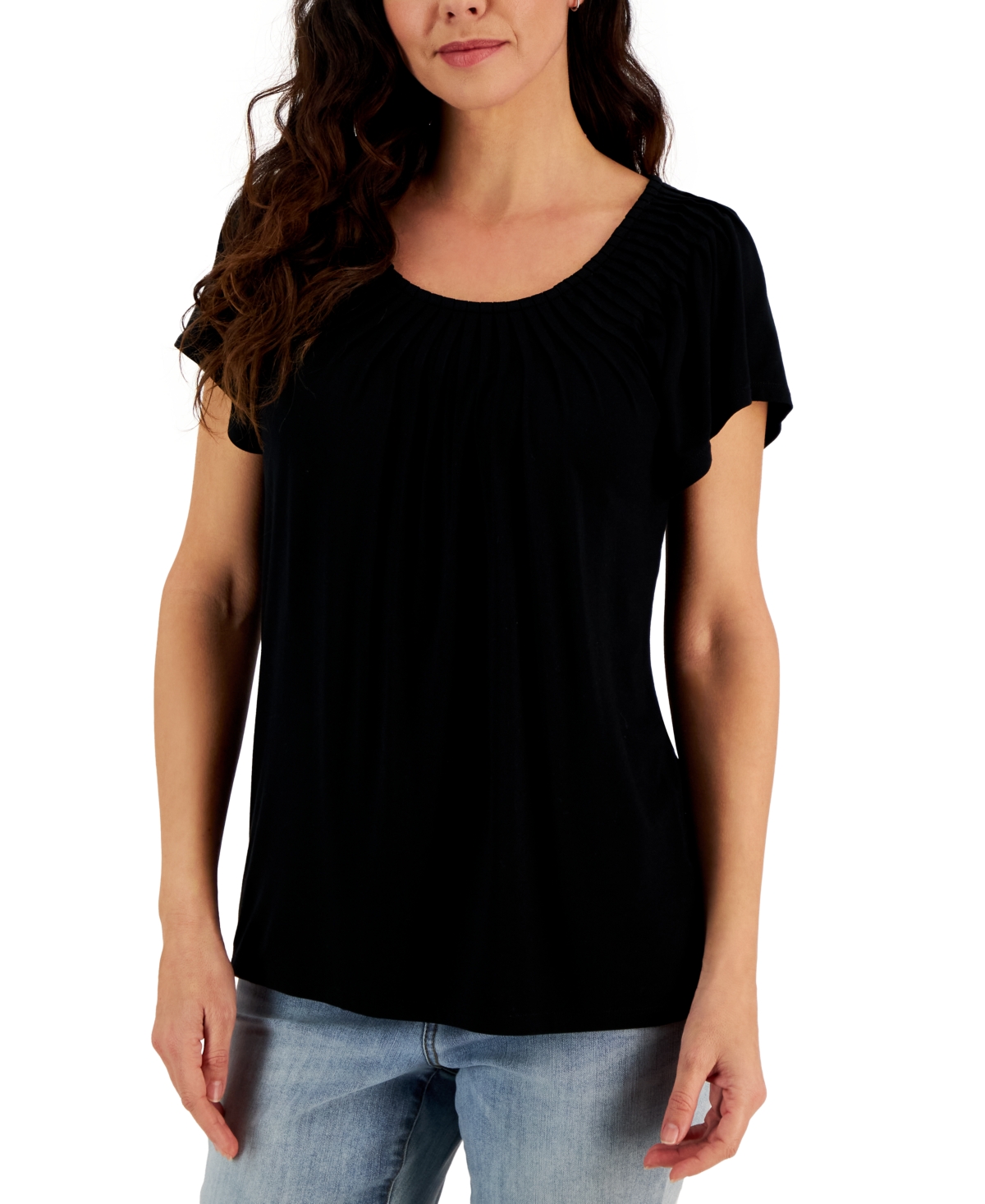 Shop Style & Co Women's Pleated-neck Short-sleeve Top, Regular & Petite, Created For Macy's In Deep Black