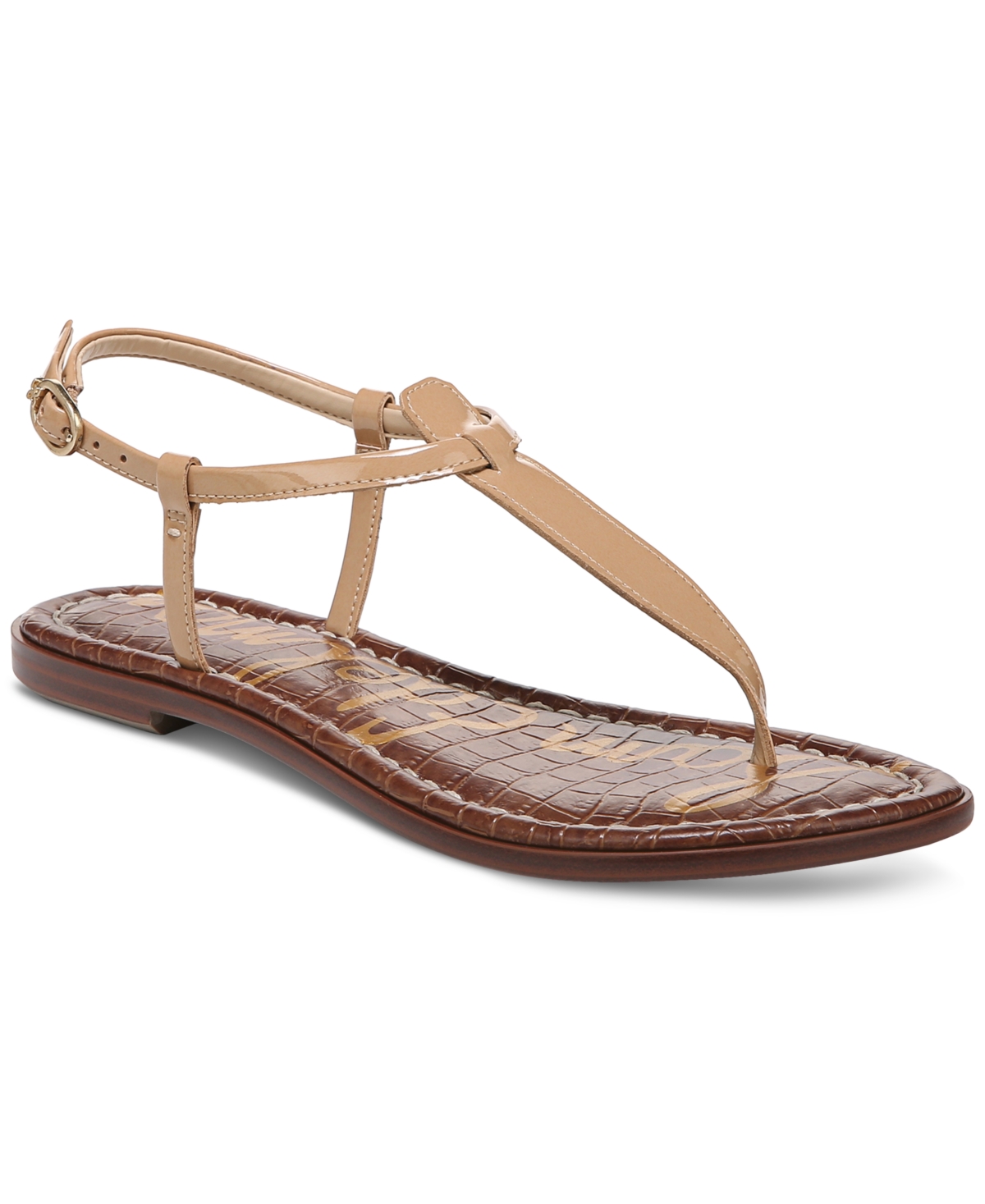 Shop Sam Edelman Women's Gigi T-strap Flat Sandals In Almond Patent
