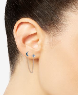 London Blue Topaz (1/2 ct. t.w.) Moon & Star Double Pierced Chain Drop Earrings in Sterling Silver