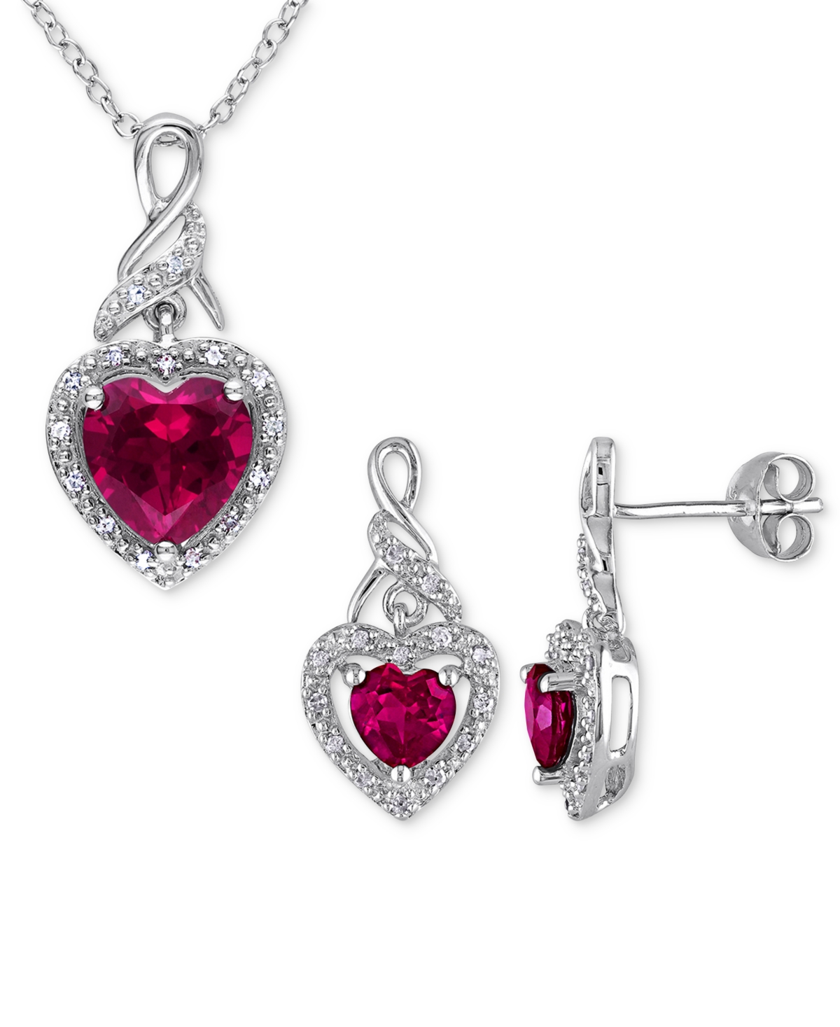 Macy's 2-pc. Set Lab-grown Ruby (4 Ct. T.w.) & Diamond (1/4 Ct. T.w.) Heart Halo Pendant Necklace And Match
