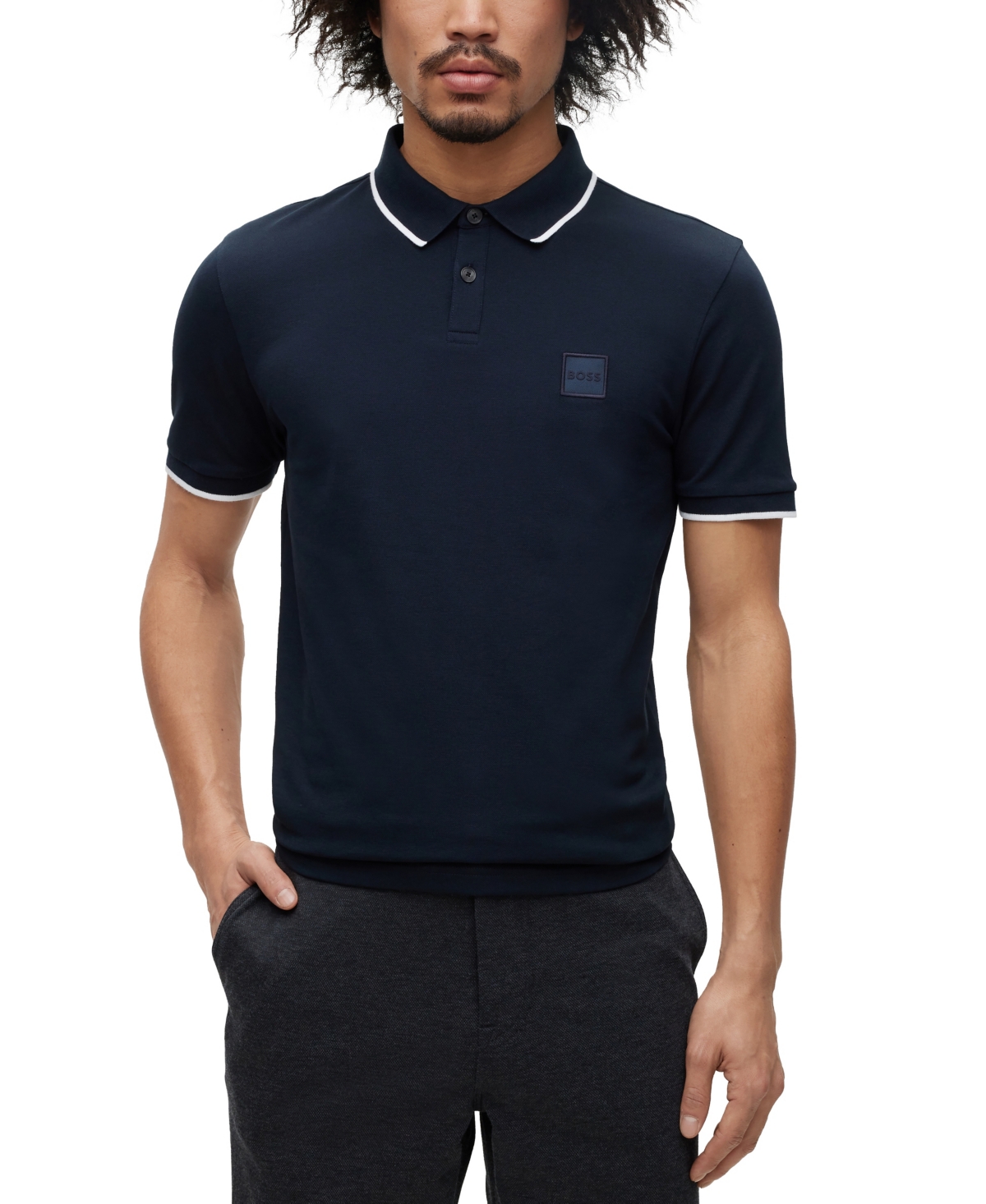 Hugo Boss Boss By  Men's Stretch-cotton Slim-fit Logo Patch Polo Shirt In Dark Blue