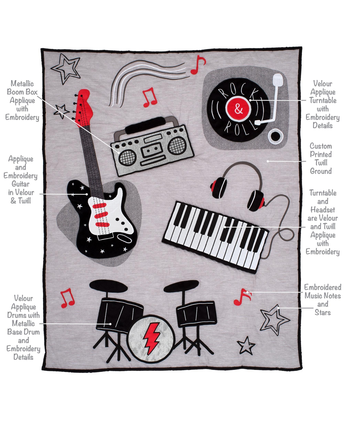 Lambs & Ivy Rock Star Musical Instruments 3-Piece Baby Crib Bedding Set - Gray