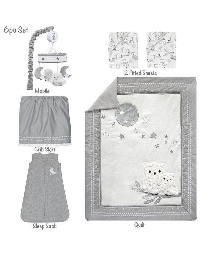 Lambs & Ivy Luna 6Piece Gray/White Owl Nursery Baby Crib Bedding Set w