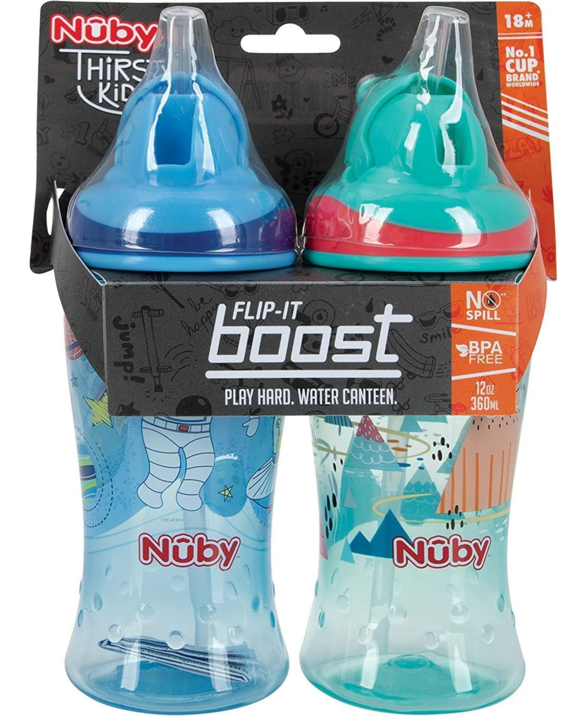 Nuby Toddler Thirsty No-Spill Boost Cup with Soft Straw, 12oz, 2 Pack