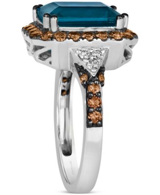 Couture Deep Sea Blue Topaz (5 ct. t.w.), Chocolate Diamonds (3/4 ct. t.w.) & Nude Diamonds (1/10 ct. t.w.) Square Halo Ring in Platinum