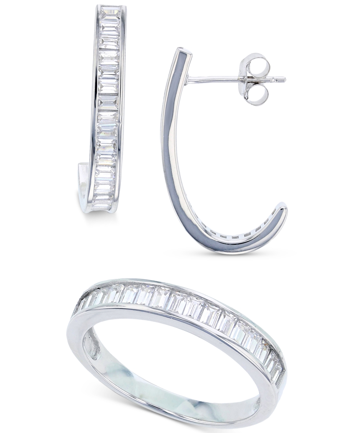 Macy's 2-pc Set Cubic Zirconia Baguette Ring & Matching J-hoop Earrings In Sterling Silver