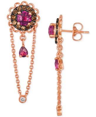 Raspberry Rhodolite (1-1/3 ct. t.w.), Chocolate Diamonds (3/8 ct. t.w.) & Nude Diamonds (1/20 ct. t.w.) Linear Drop Earrings in 14k Rose Gold