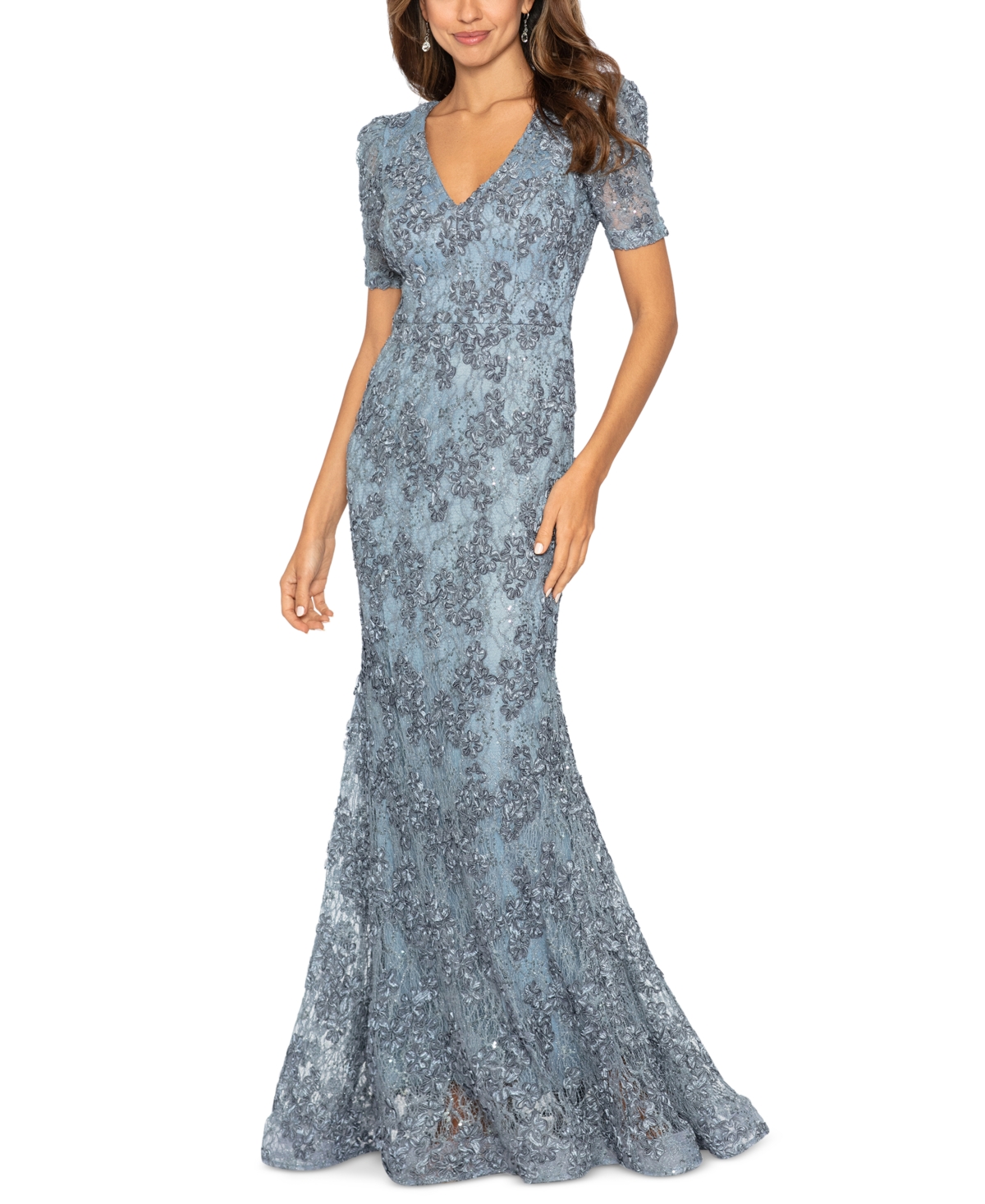 Xscape Women's Floral Soutache Sequin Puff-sleeve Lace Gown In Smoke