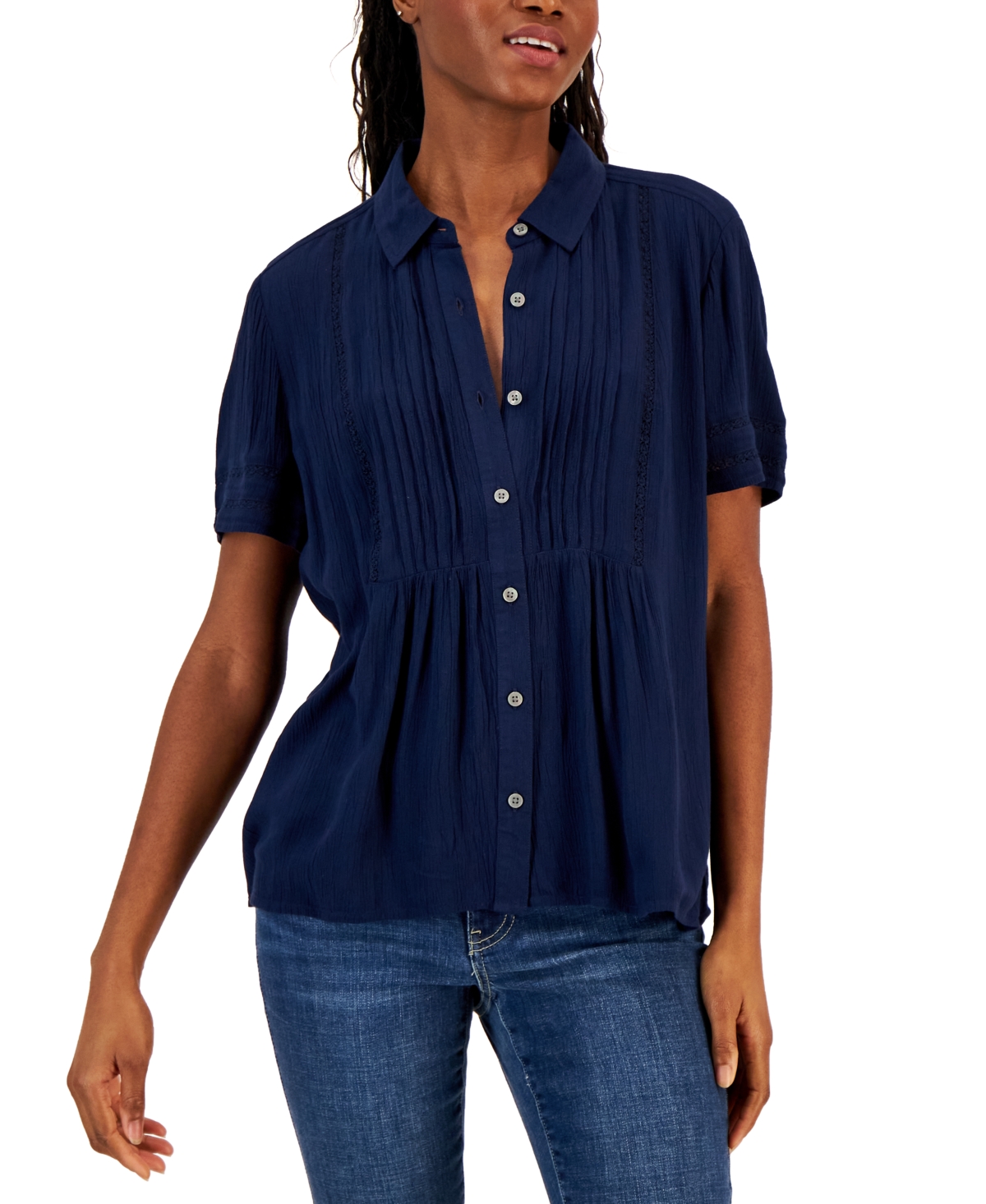 Style & Co Petite Pintuck Short-sleeve Button-front Shirt, Created For Macy's In Industrial Blue