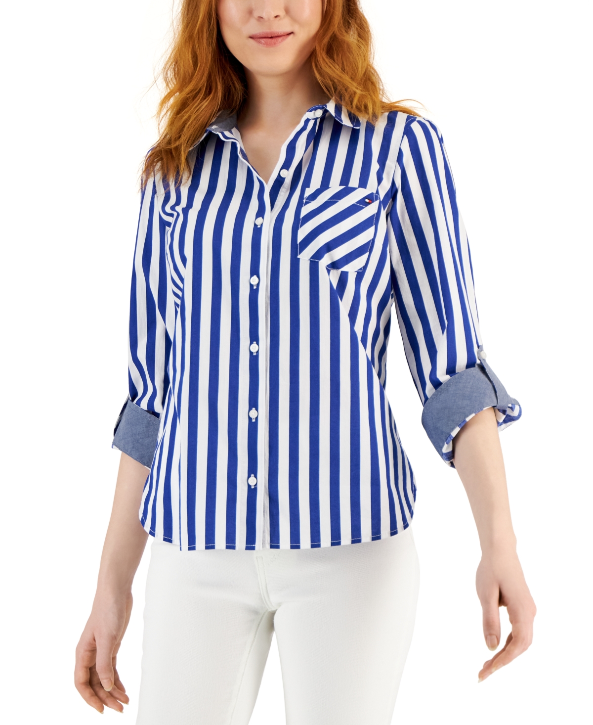 Tommy Women's Striped Cotton Roll-tab Shirt Stripe- Marina Blue/ Bright White ModeSens